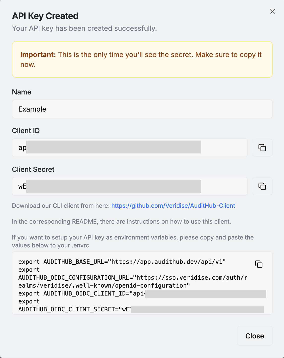 API Key generation dialog